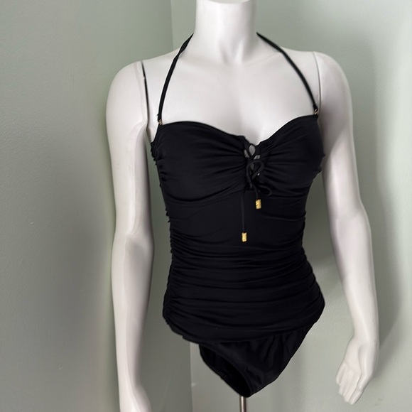Ralph Lauren Black Ruched Mesh Strapless Halter One Piece Swimsuit size 6 - Picture 1 of 7